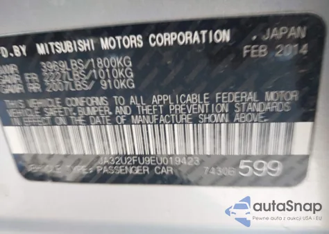 2014 Mitsubishi Lancer Es from USA, damaged, VIN JA32U2FU9EU019423